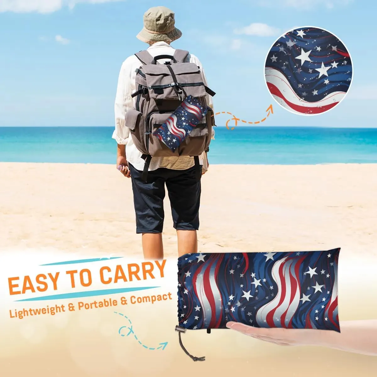 Beach Blanket, Independence Day Sandproof Beach Mat, Waterproof Quick Drying Sand Free Mat with 4 x Ground Spikes for Outdoor Travel Camping Hiking, America Flag Stars 68 x 59 in