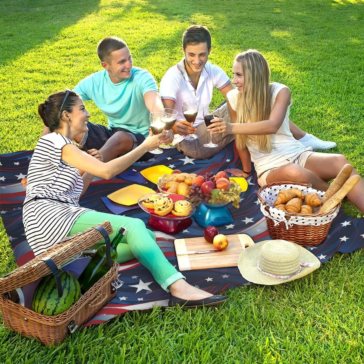 Beach Blanket, Independence Day Sandproof Beach Mat, Waterproof Quick Drying Sand Free Mat with 4 x Ground Spikes for Outdoor Travel Camping Hiking, America Flag Stars 68 x 59 in