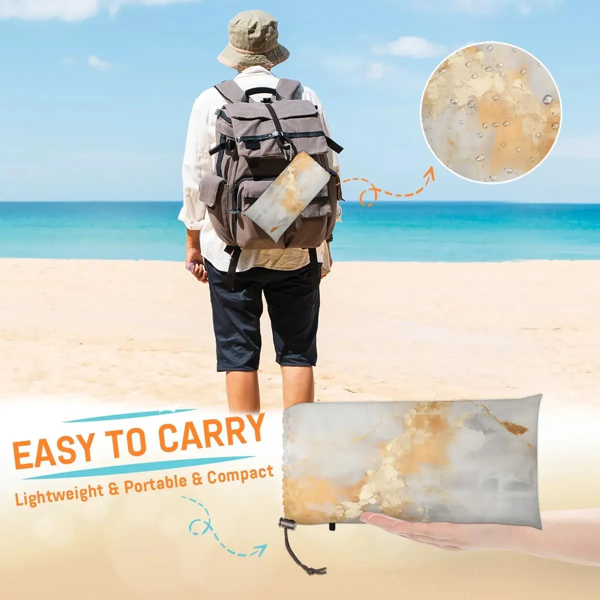 Beach Blanket, Marble Art Sandproof Beach Mat, Waterproof Quick Drying Sand Free Mat with 4 x Ground Spikes for Outdoor Travel Camping Hiking, Marble Pattern 68 x 59 in