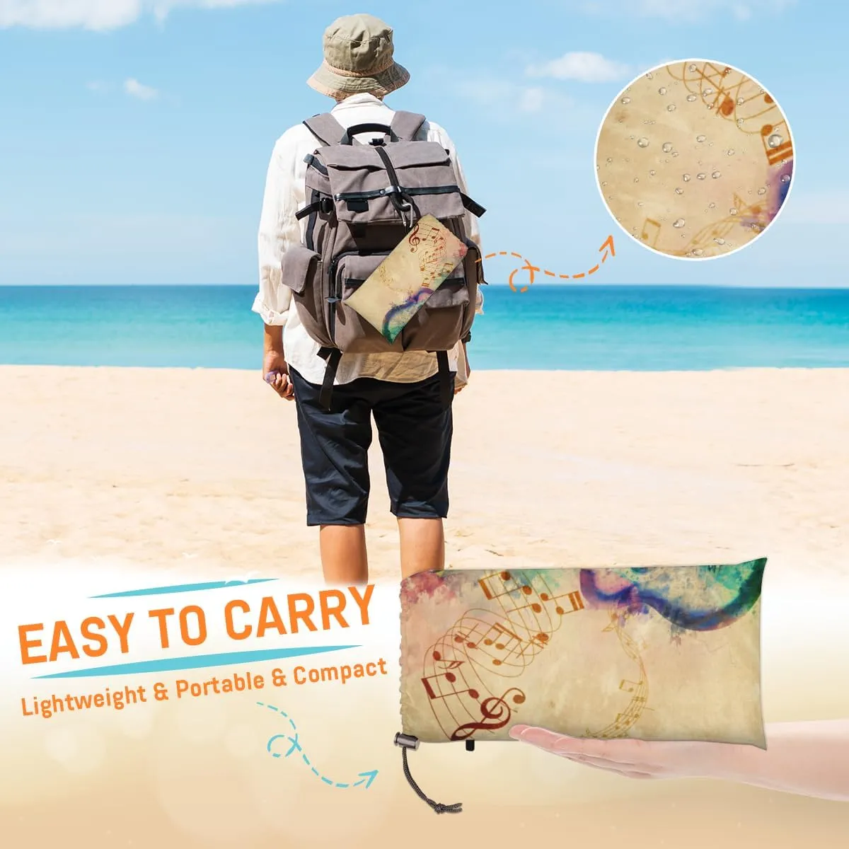 Beach Blanket, Music Note Sandproof Beach Mat, Waterproof Quick Drying Sand Free Mat with 4 x Ground Spikes for Outdoor Travel Camping Hiking, Colorful Guitar 68 x 59 in