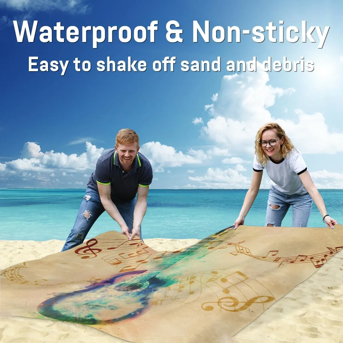 Beach Blanket, Music Note Sandproof Beach Mat, Waterproof Quick Drying Sand Free Mat with 4 x Ground Spikes for Outdoor Travel Camping Hiking, Colorful Guitar 68 x 59 in