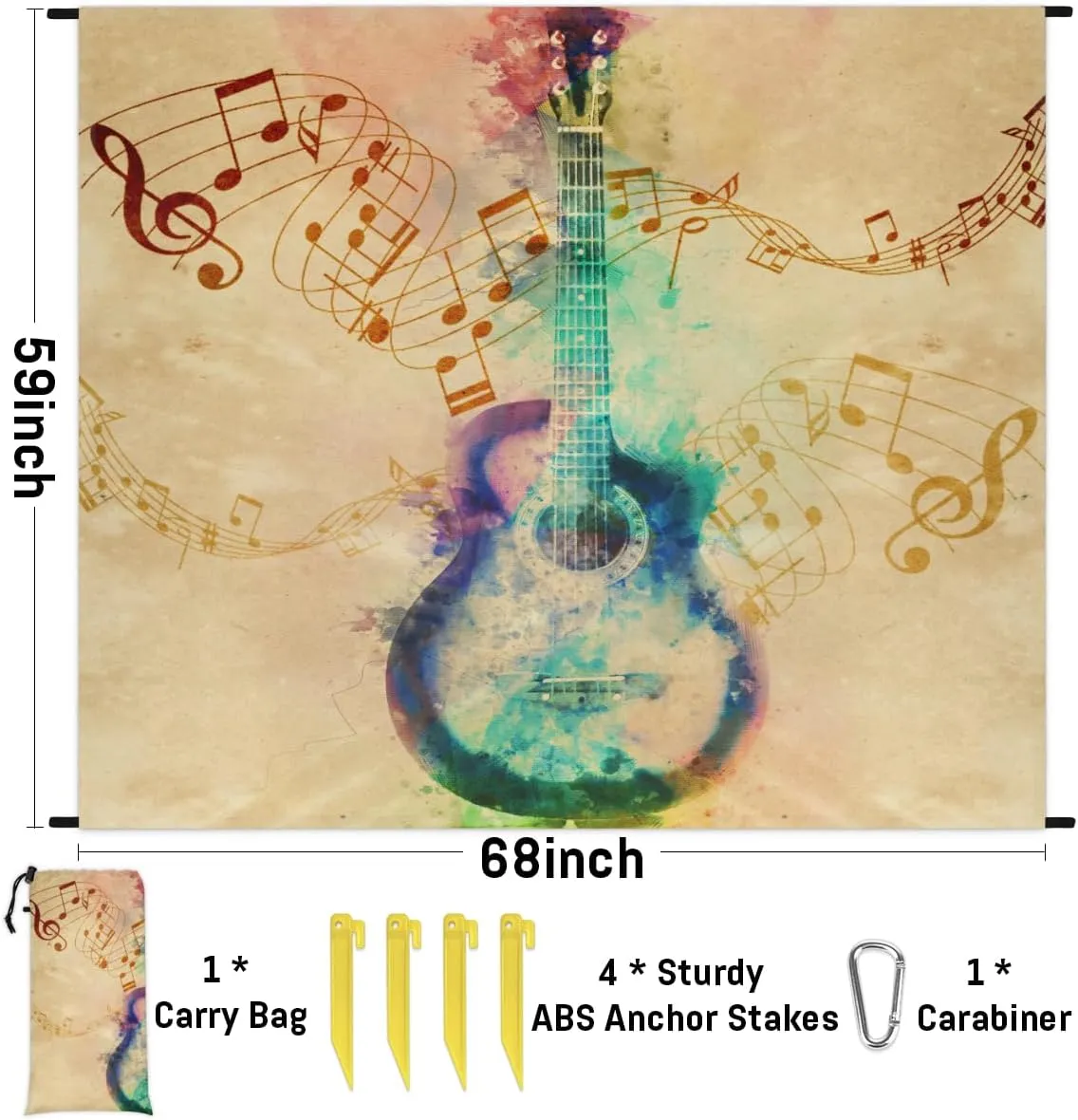 Beach Blanket, Music Note Sandproof Beach Mat, Waterproof Quick Drying Sand Free Mat with 4 x Ground Spikes for Outdoor Travel Camping Hiking, Colorful Guitar 68 x 59 in
