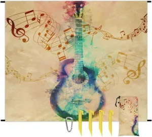 Beach Blanket, Music Note Sandproof Beach Mat, Waterproof Quick Drying Sand Free Mat with 4 x Ground Spikes for Outdoor Travel Camping Hiking, Colorful Guitar 68 x 59 in