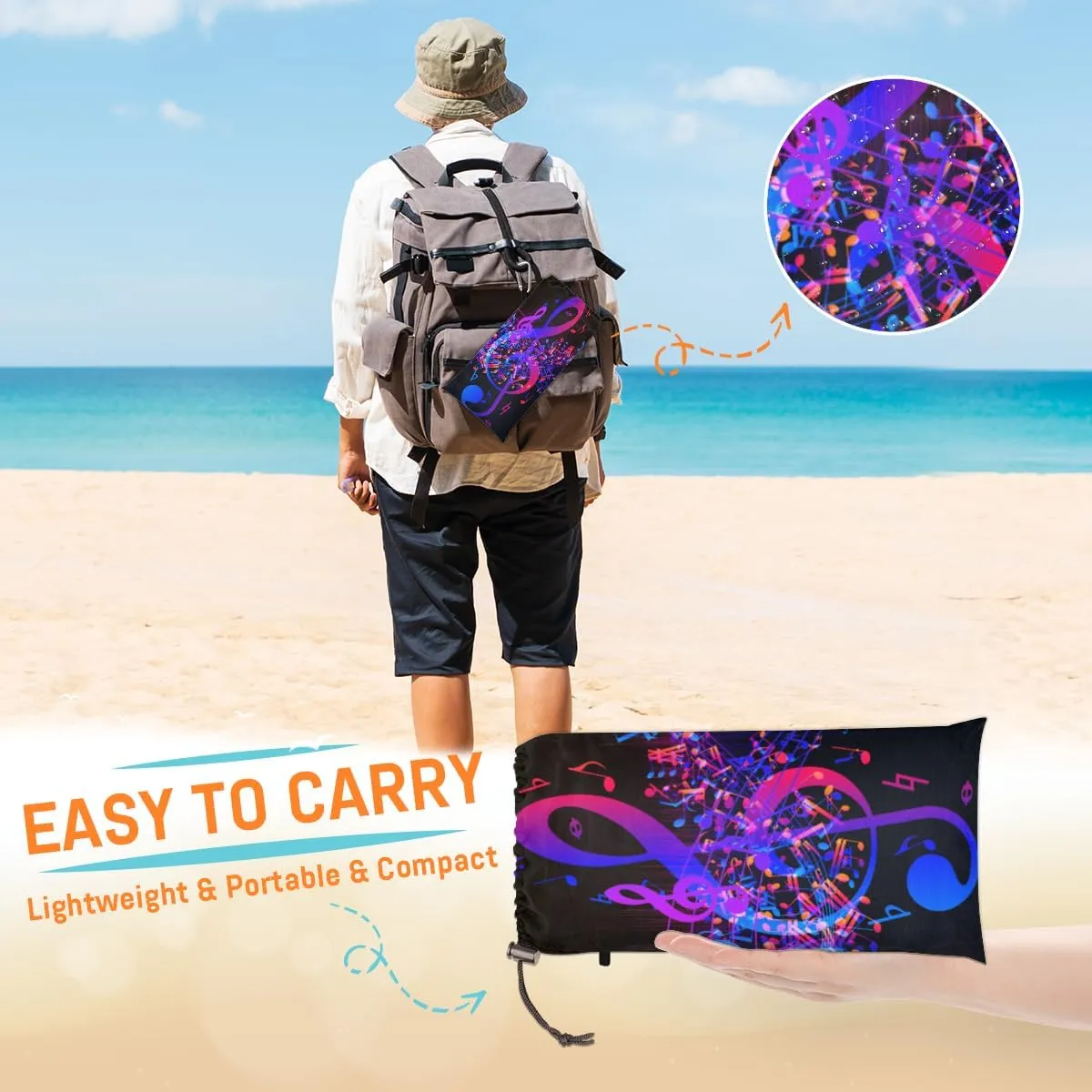 Beach Blanket, Music Note Sandproof Beach Mat, Waterproof Quick Drying Sand Free Mat with 4 x Ground Spikes for Outdoor Travel Camping Hiking, Hummingbird 68 x 59 in