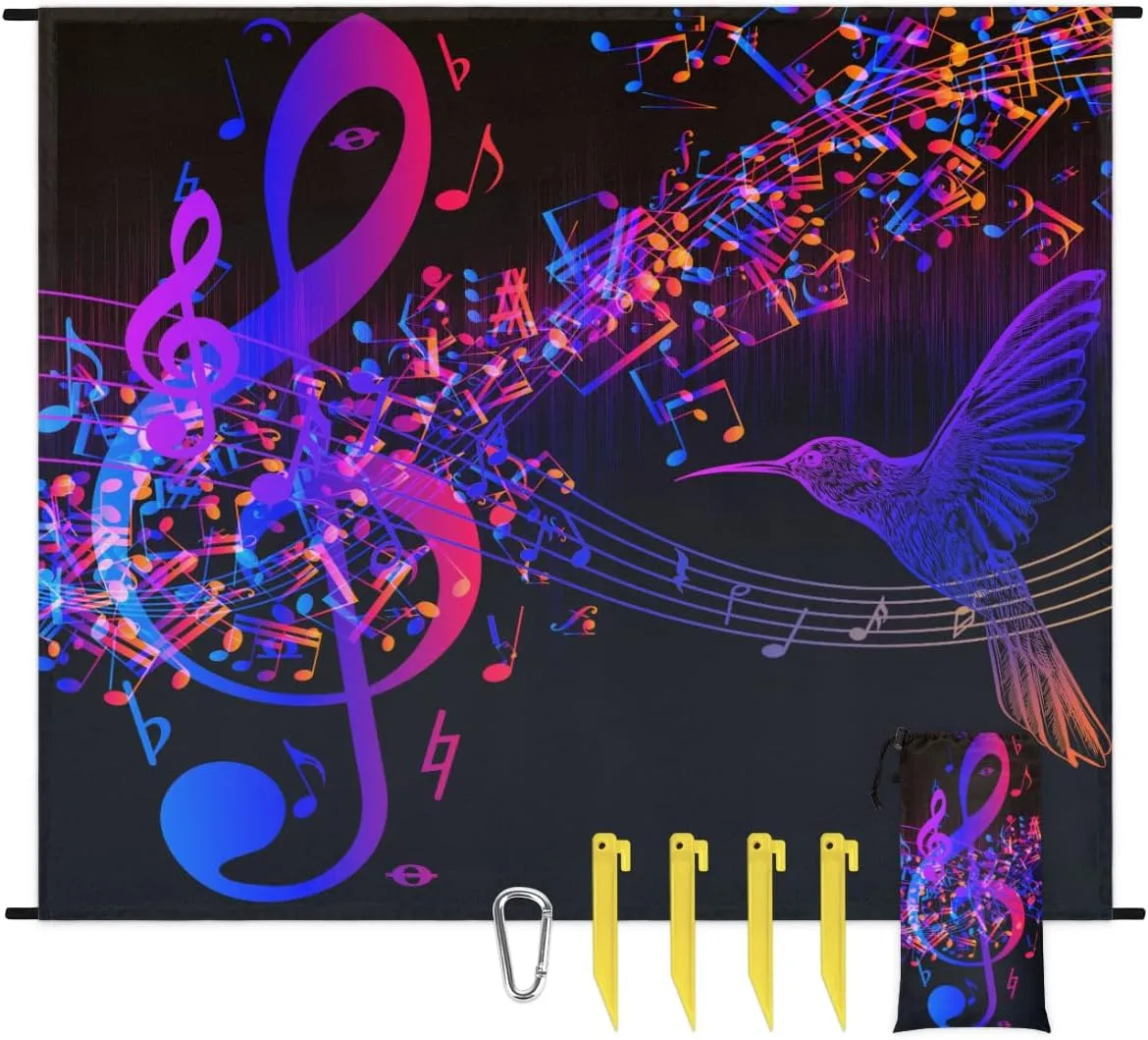Beach Blanket, Music Note Sandproof Beach Mat, Waterproof Quick Drying Sand Free Mat with 4 x Ground Spikes for Outdoor Travel Camping Hiking, Hummingbird 68 x 59 in