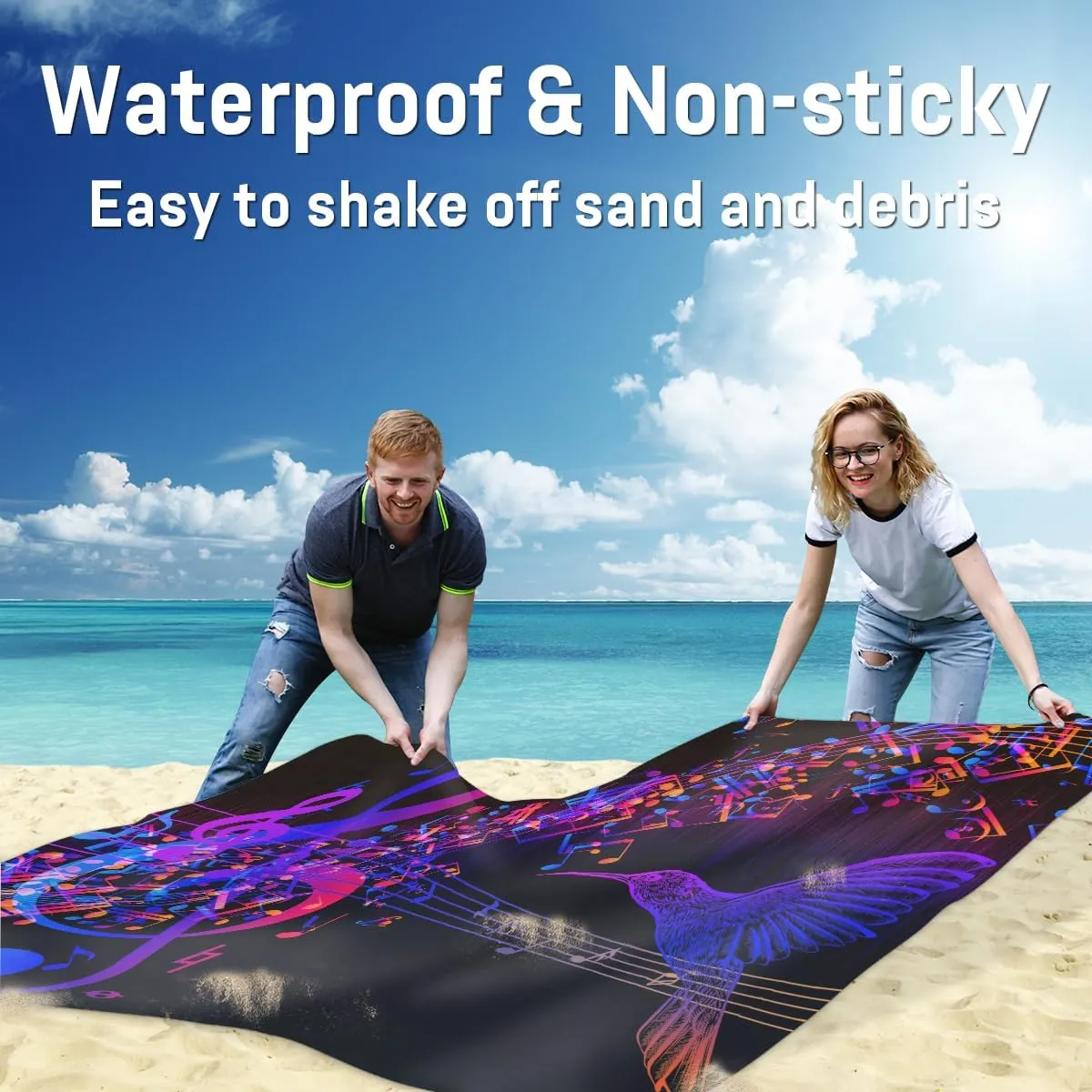 Beach Blanket, Music Note Sandproof Beach Mat, Waterproof Quick Drying Sand Free Mat with 4 x Ground Spikes for Outdoor Travel Camping Hiking, Hummingbird 68 x 59 in