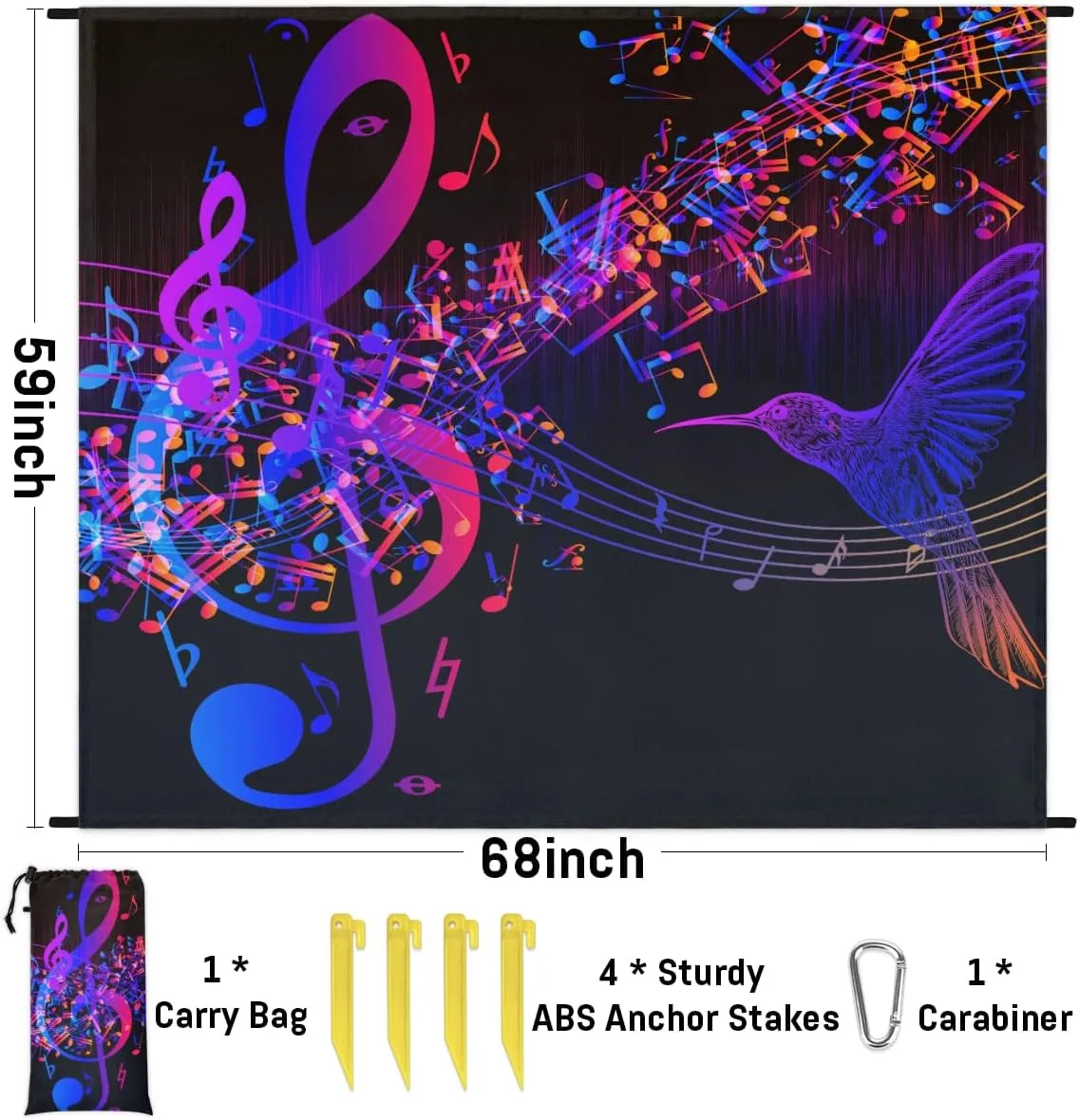 Beach Blanket, Music Note Sandproof Beach Mat, Waterproof Quick Drying Sand Free Mat with 4 x Ground Spikes for Outdoor Travel Camping Hiking, Hummingbird 68 x 59 in