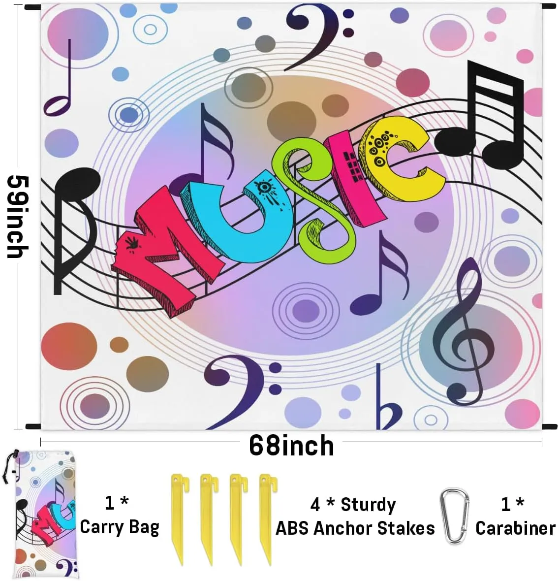 Beach Blanket, Music Theme Sandproof Beach Mat, Waterproof Quick Drying Sand Free Mat with 4 x Ground Spikes for Outdoor Travel Camping Hiking, Musical Note 68 x 59 in