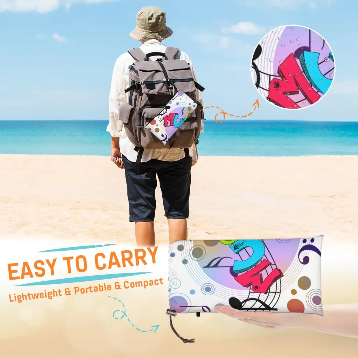 Beach Blanket, Music Theme Sandproof Beach Mat, Waterproof Quick Drying Sand Free Mat with 4 x Ground Spikes for Outdoor Travel Camping Hiking, Musical Note 68 x 59 in
