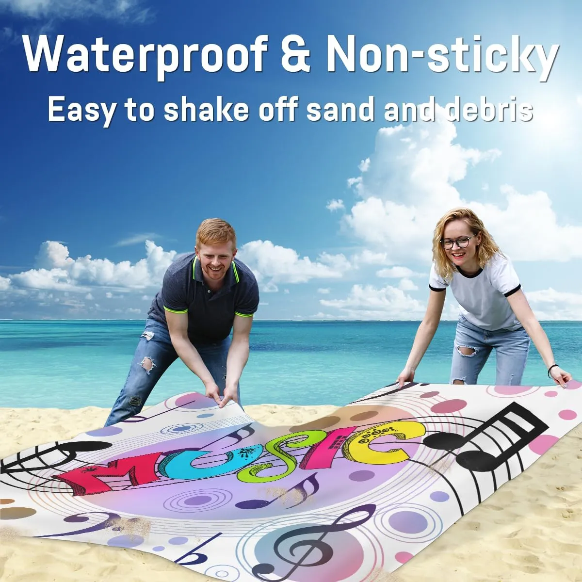 Beach Blanket, Music Theme Sandproof Beach Mat, Waterproof Quick Drying Sand Free Mat with 4 x Ground Spikes for Outdoor Travel Camping Hiking, Musical Note 68 x 59 in