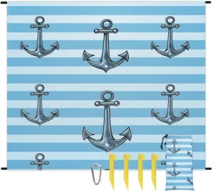 Beach Blanket, Nautical Stripe Sandproof Beach Mat, Waterproof Quick Drying Sand Free Mat with 4 x Ground Spikes for Outdoor Travel Camping Hiking, Anchors Away 68 x 59 in