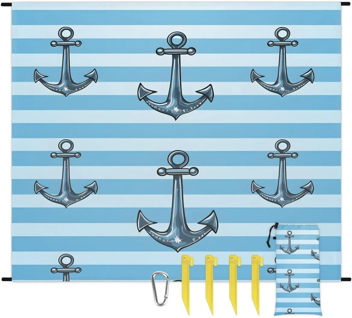 Beach Blanket, Nautical Stripe Sandproof Beach Mat, Waterproof Quick Drying Sand Free Mat with 4 x Ground Spikes for Outdoor Travel Camping Hiking, Anchors Away 68 x 59 in