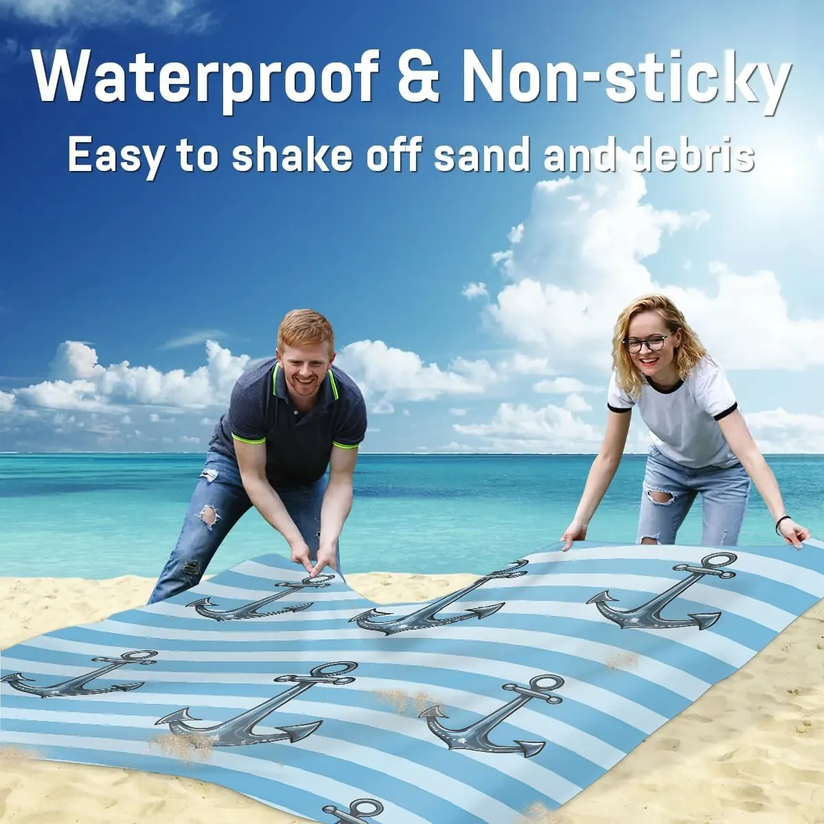Beach Blanket, Nautical Stripe Sandproof Beach Mat, Waterproof Quick Drying Sand Free Mat with 4 x Ground Spikes for Outdoor Travel Camping Hiking, Anchors Away 68 x 59 in