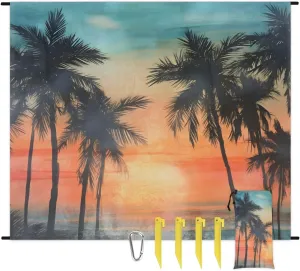 Beach Blanket, Ocean Sandproof Beach Mat, Waterproof Quick Drying Sand Free Mat with 4 x Ground Spikes for Outdoor Travel Camping Hiking, Tropical Palms Leaf 68 x 59 in