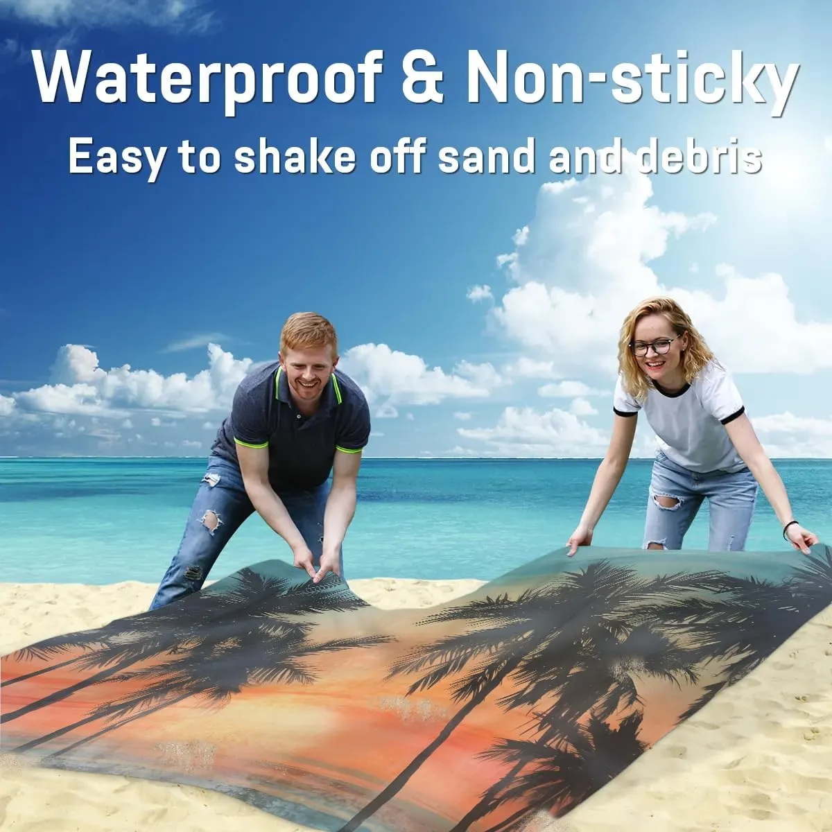 Beach Blanket, Ocean Sandproof Beach Mat, Waterproof Quick Drying Sand Free Mat with 4 x Ground Spikes for Outdoor Travel Camping Hiking, Tropical Palms Leaf 68 x 59 in