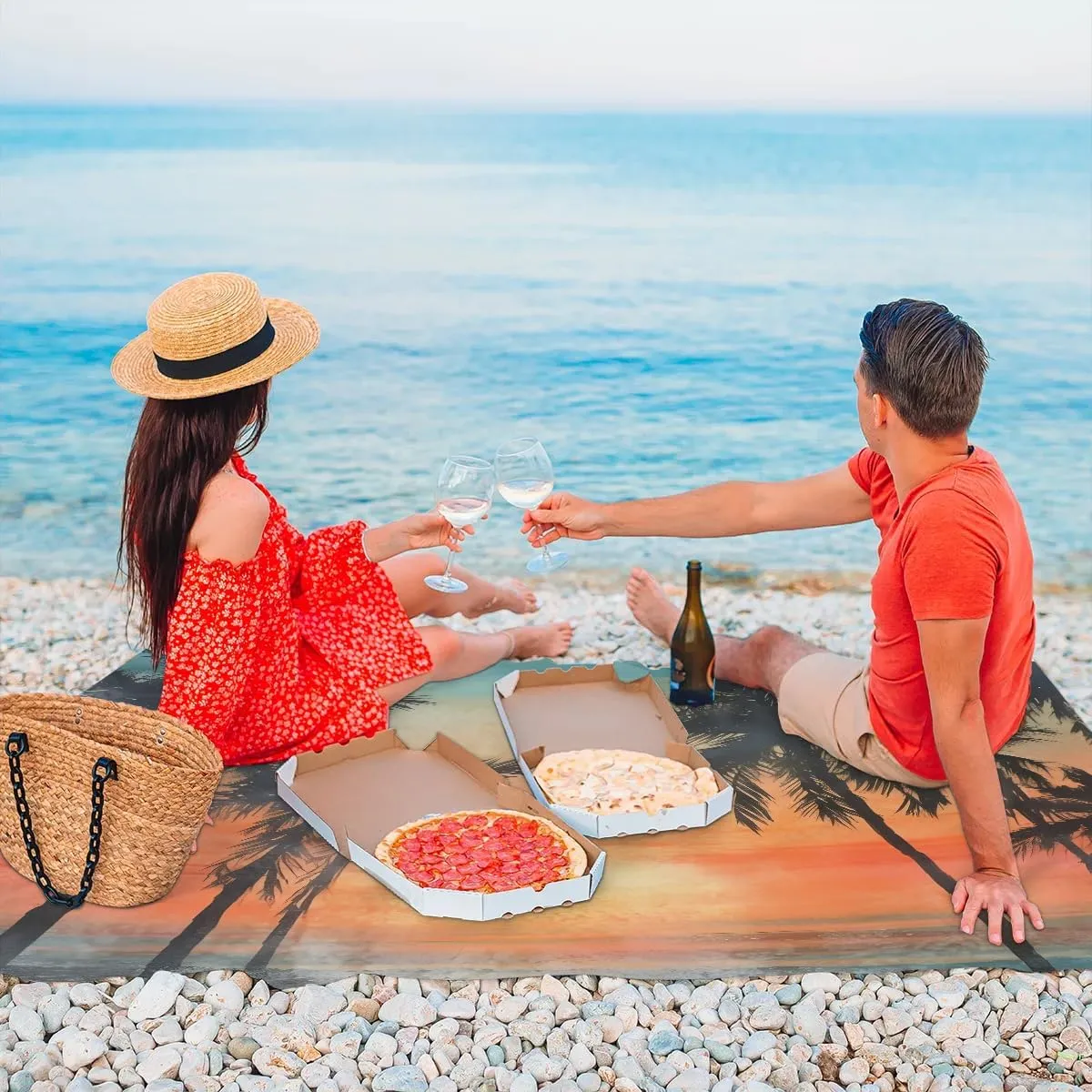 Beach Blanket, Ocean Sandproof Beach Mat, Waterproof Quick Drying Sand Free Mat with 4 x Ground Spikes for Outdoor Travel Camping Hiking, Tropical Palms Leaf 68 x 59 in
