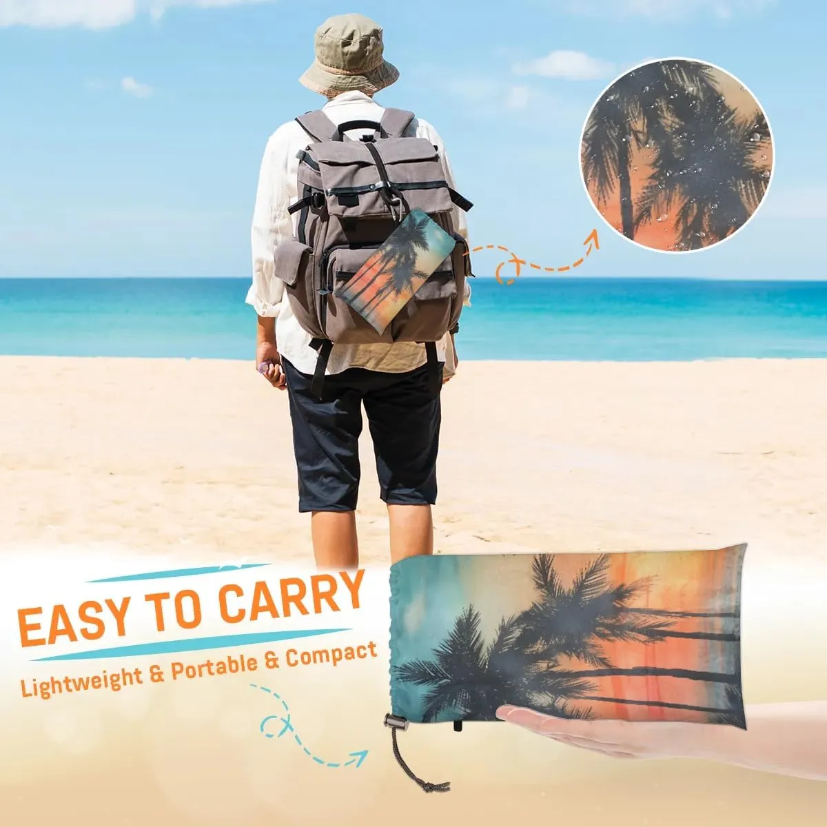 Beach Blanket, Ocean Sandproof Beach Mat, Waterproof Quick Drying Sand Free Mat with 4 x Ground Spikes for Outdoor Travel Camping Hiking, Tropical Palms Leaf 68 x 59 in