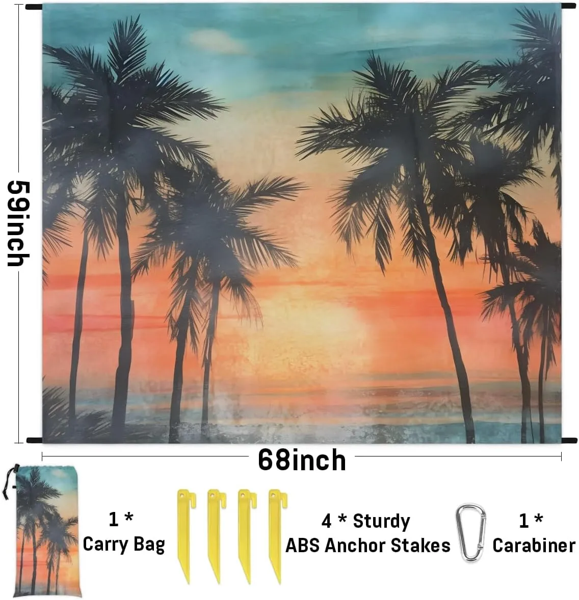 Beach Blanket, Ocean Sandproof Beach Mat, Waterproof Quick Drying Sand Free Mat with 4 x Ground Spikes for Outdoor Travel Camping Hiking, Tropical Palms Leaf 68 x 59 in
