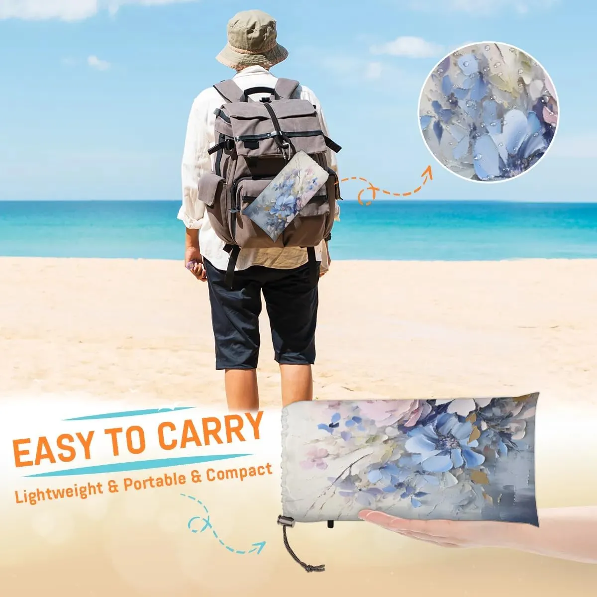Beach Blanket, Oil Poppy Flowers Sandproof Beach Mat, Waterproof Quick Drying Sand Free Mat with 4 x Ground Spikes for Outdoor Travel Camping Hiking, Wild Flowers 68 x 59 in