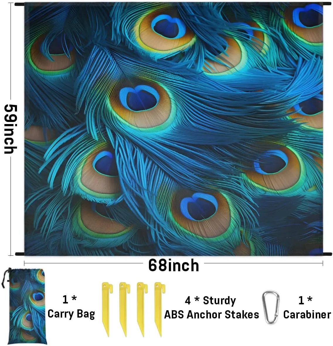 Beach Blanket, Peacock Feathers Sandproof Beach Mat, Waterproof Quick Drying Sand Free Mat with 4 x Ground Spikes for Outdoor Travel Camping Hiking, Peacock 68 x 59 in