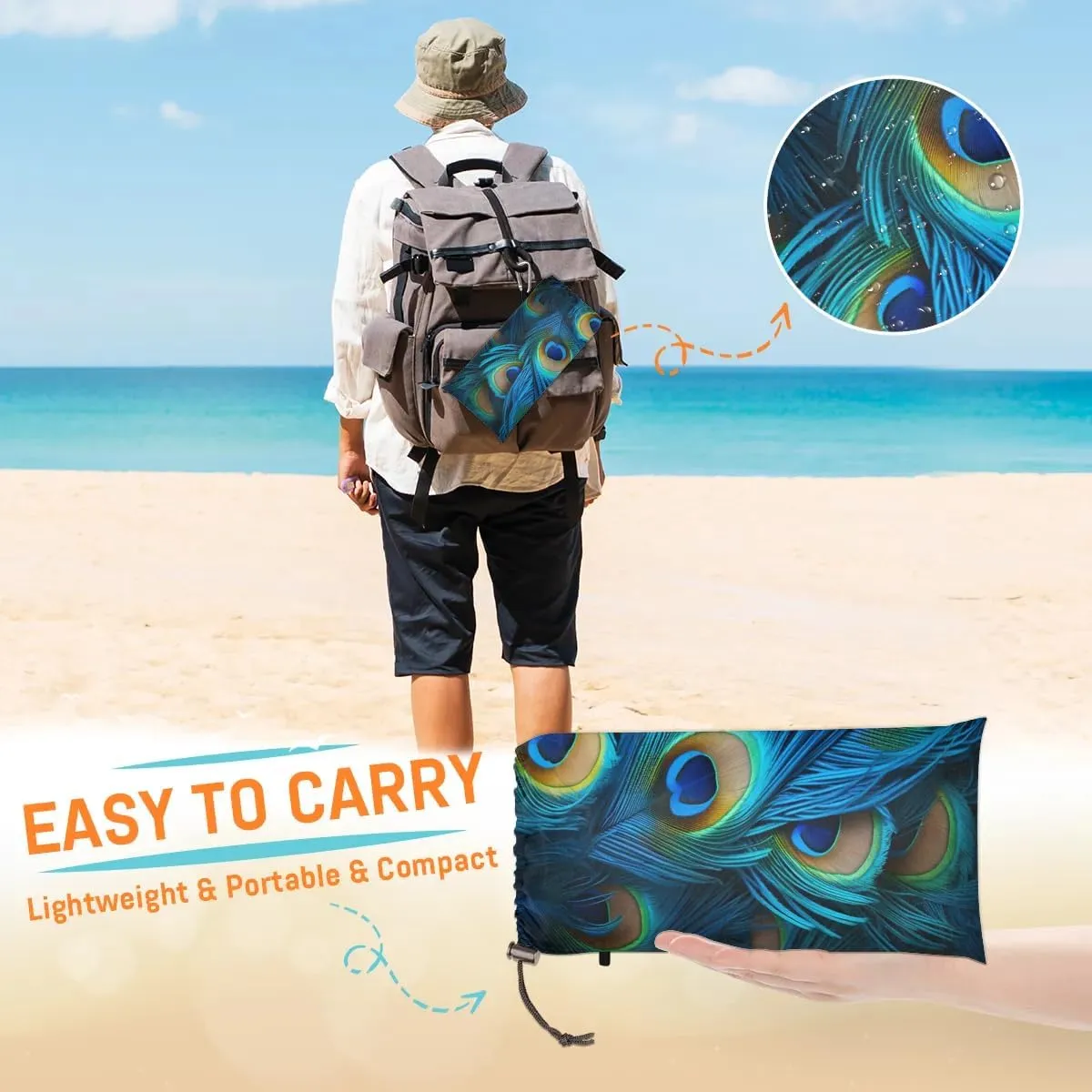 Beach Blanket, Peacock Feathers Sandproof Beach Mat, Waterproof Quick Drying Sand Free Mat with 4 x Ground Spikes for Outdoor Travel Camping Hiking, Peacock 68 x 59 in