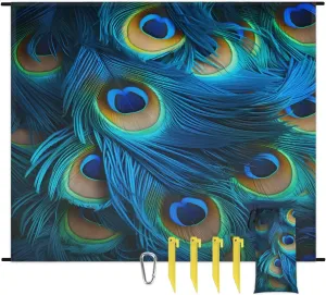 Beach Blanket, Peacock Feathers Sandproof Beach Mat, Waterproof Quick Drying Sand Free Mat with 4 x Ground Spikes for Outdoor Travel Camping Hiking, Peacock 68 x 59 in