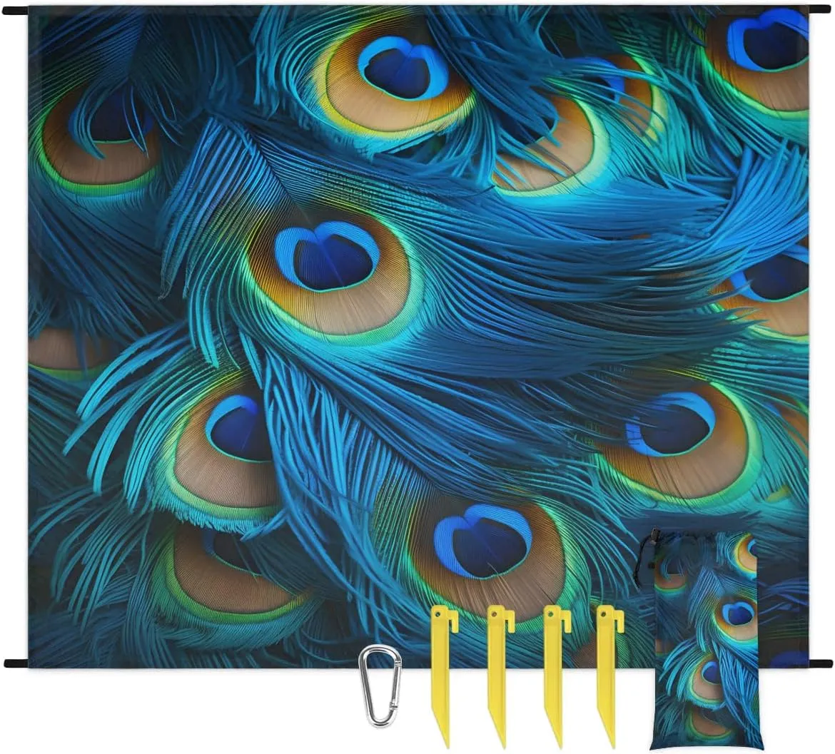Beach Blanket, Peacock Feathers Sandproof Beach Mat, Waterproof Quick Drying Sand Free Mat with 4 x Ground Spikes for Outdoor Travel Camping Hiking, Peacock 68 x 59 in