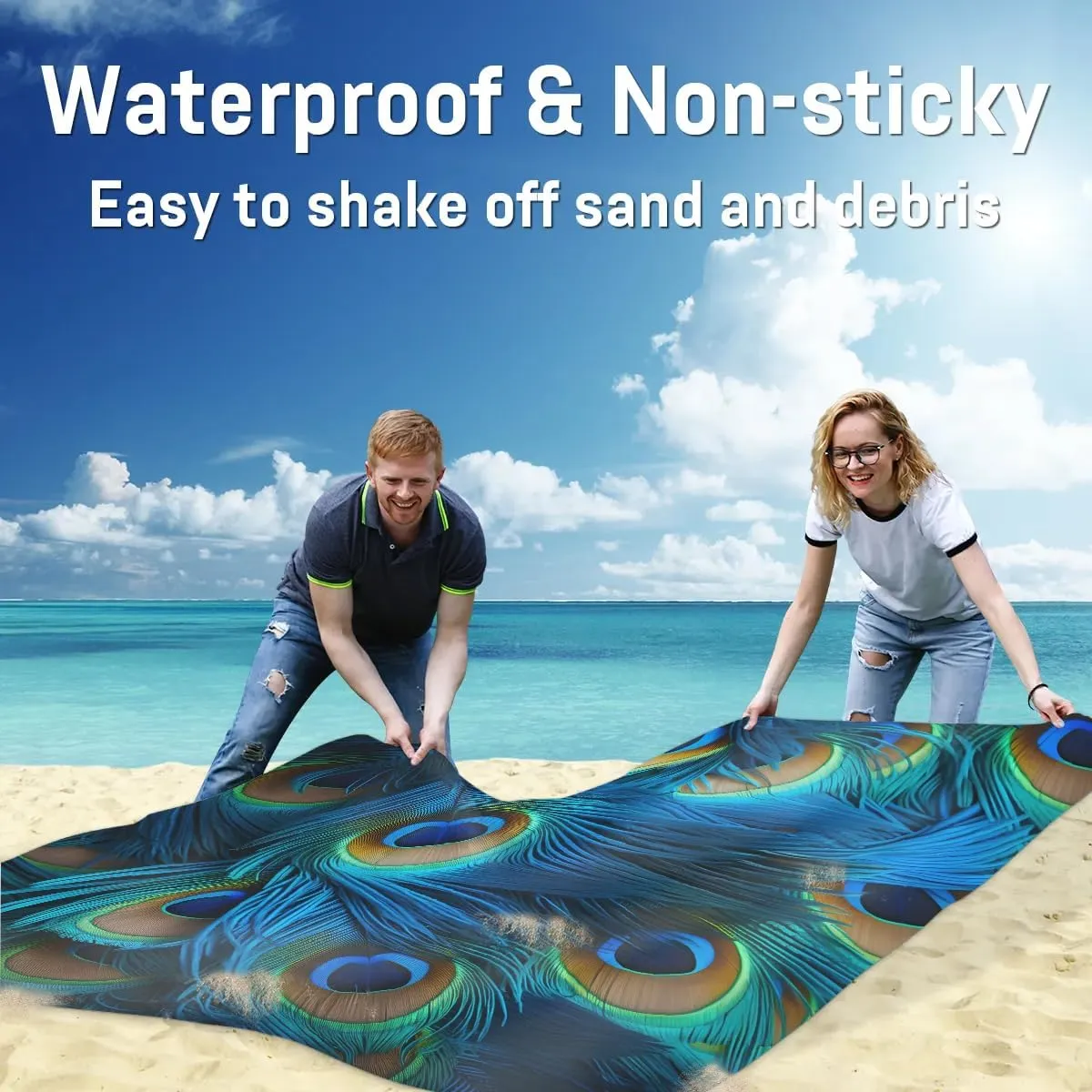 Beach Blanket, Peacock Feathers Sandproof Beach Mat, Waterproof Quick Drying Sand Free Mat with 4 x Ground Spikes for Outdoor Travel Camping Hiking, Peacock 68 x 59 in