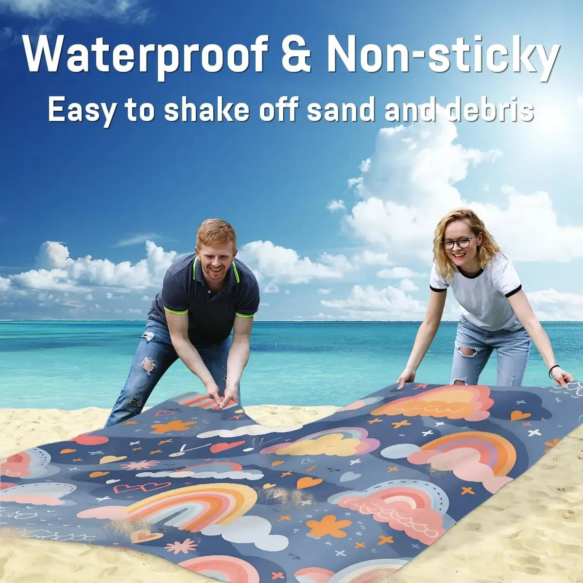 Beach Blanket, Rainbow Sandproof Beach Mat, Waterproof Quick Drying Sand Free Mat with 4 x Ground Spikes for Outdoor Travel Camping Hiking, Abstract Rainbow 68 x 59 in