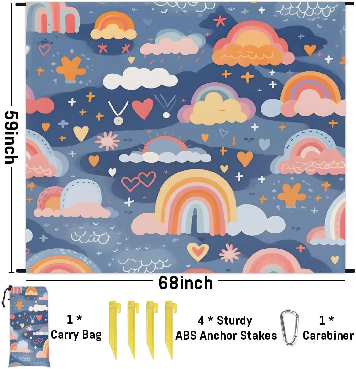 Beach Blanket, Rainbow Sandproof Beach Mat, Waterproof Quick Drying Sand Free Mat with 4 x Ground Spikes for Outdoor Travel Camping Hiking, Abstract Rainbow 68 x 59 in