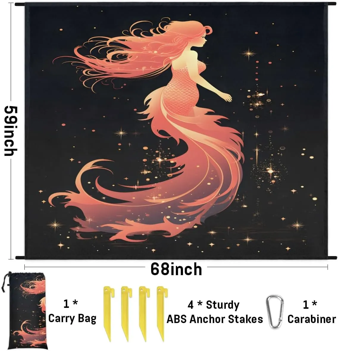 Beach Blanket, Red Mermaid Sandproof Beach Mat, Waterproof Quick Drying Sand Free Mat with 4 x Ground Spikes for Outdoor Travel Camping Hiking, Cartoon Mermaid 68 x 59 in