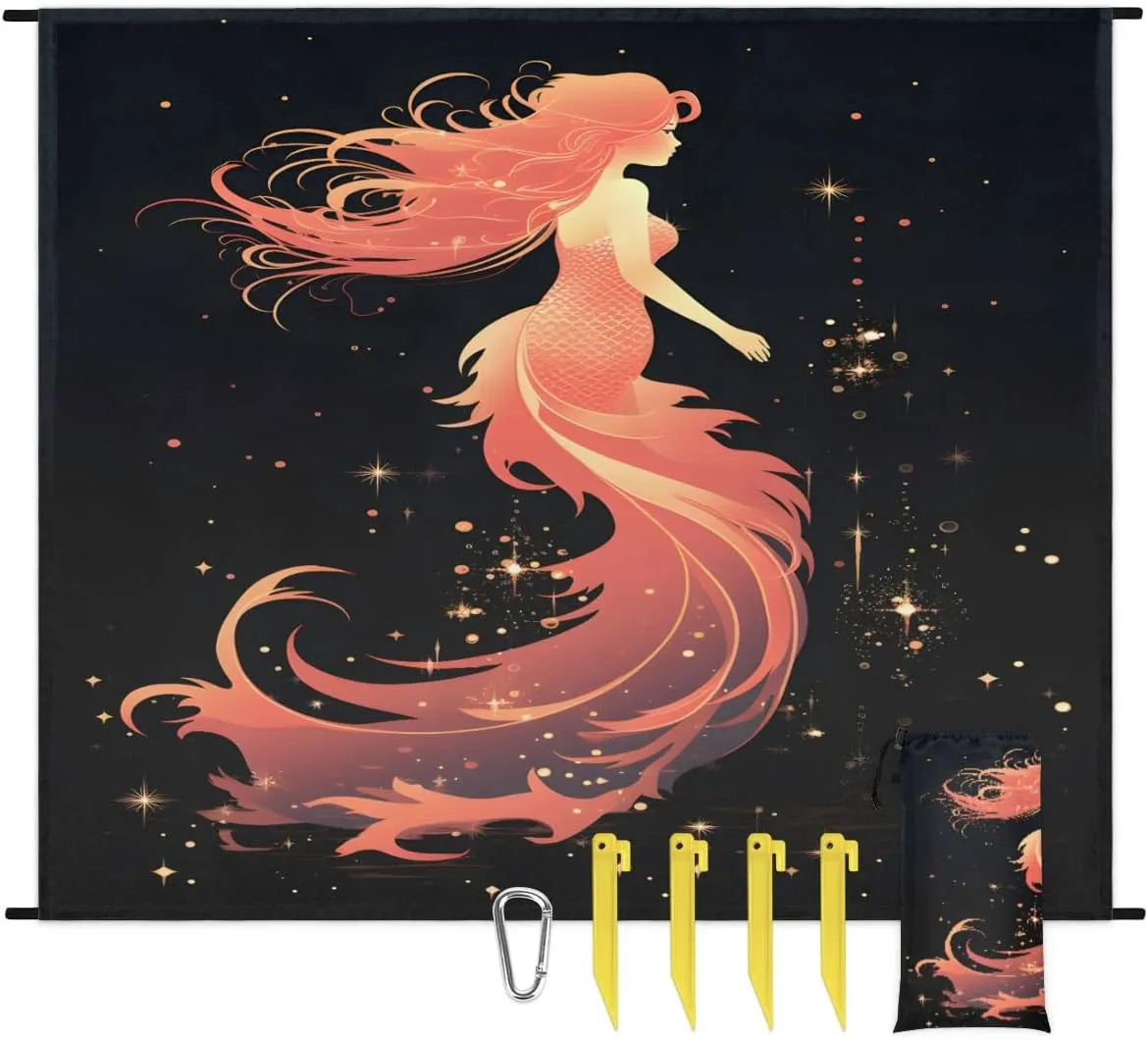 Beach Blanket, Red Mermaid Sandproof Beach Mat, Waterproof Quick Drying Sand Free Mat with 4 x Ground Spikes for Outdoor Travel Camping Hiking, Cartoon Mermaid 68 x 59 in
