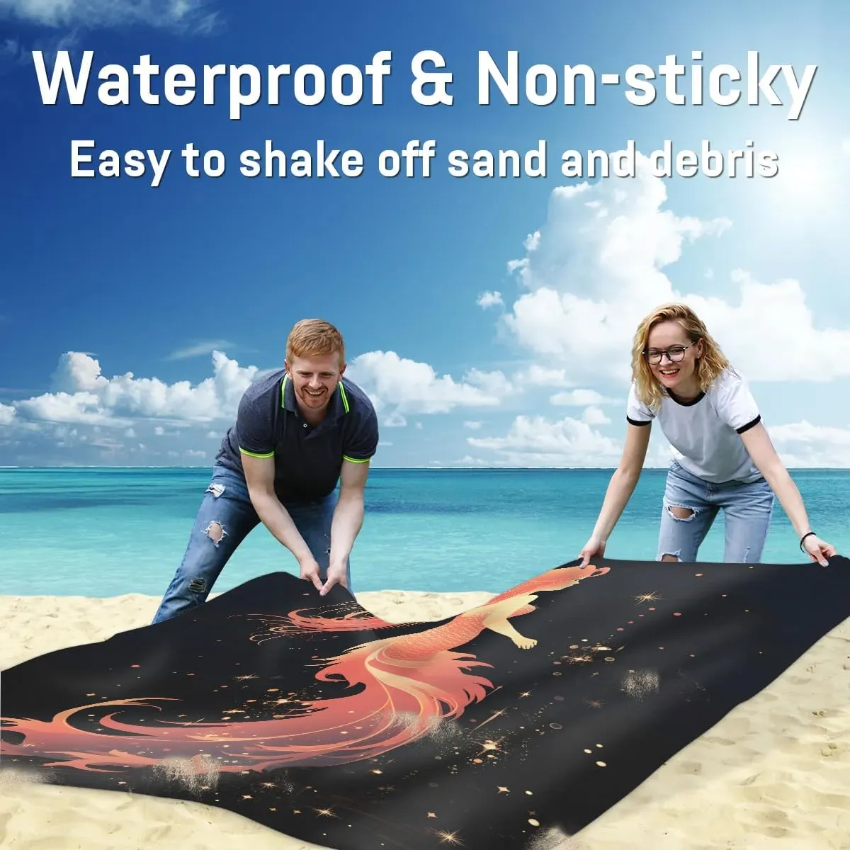 Beach Blanket, Red Mermaid Sandproof Beach Mat, Waterproof Quick Drying Sand Free Mat with 4 x Ground Spikes for Outdoor Travel Camping Hiking, Cartoon Mermaid 68 x 59 in