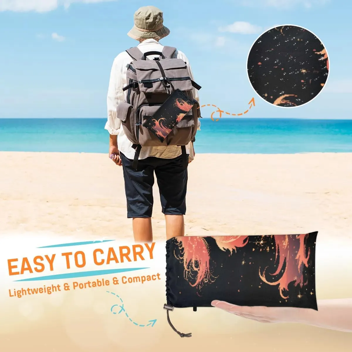 Beach Blanket, Red Mermaid Sandproof Beach Mat, Waterproof Quick Drying Sand Free Mat with 4 x Ground Spikes for Outdoor Travel Camping Hiking, Cartoon Mermaid 68 x 59 in