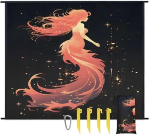Beach Blanket, Red Mermaid Sandproof Beach Mat, Waterproof Quick Drying Sand Free Mat with 4 x Ground Spikes for Outdoor Travel Camping Hiking, Cartoon Mermaid 68 x 59 in