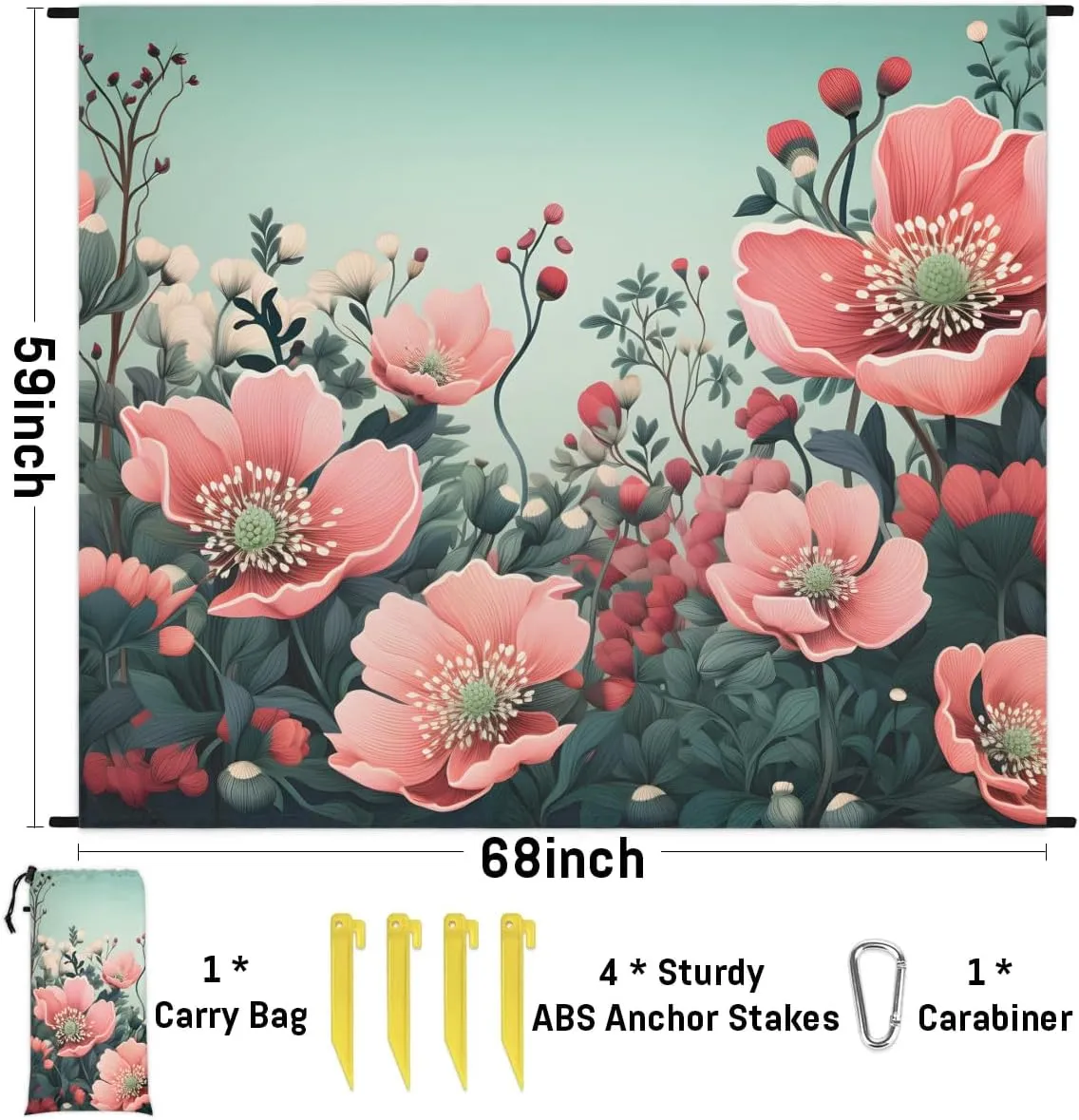 Beach Blanket, Red Poppy Flowers Sandproof Beach Mat, Waterproof Quick Drying Sand Free Mat with 4 x Ground Spikes for Outdoor Travel Camping Hiking, Floral 68 x 59 in