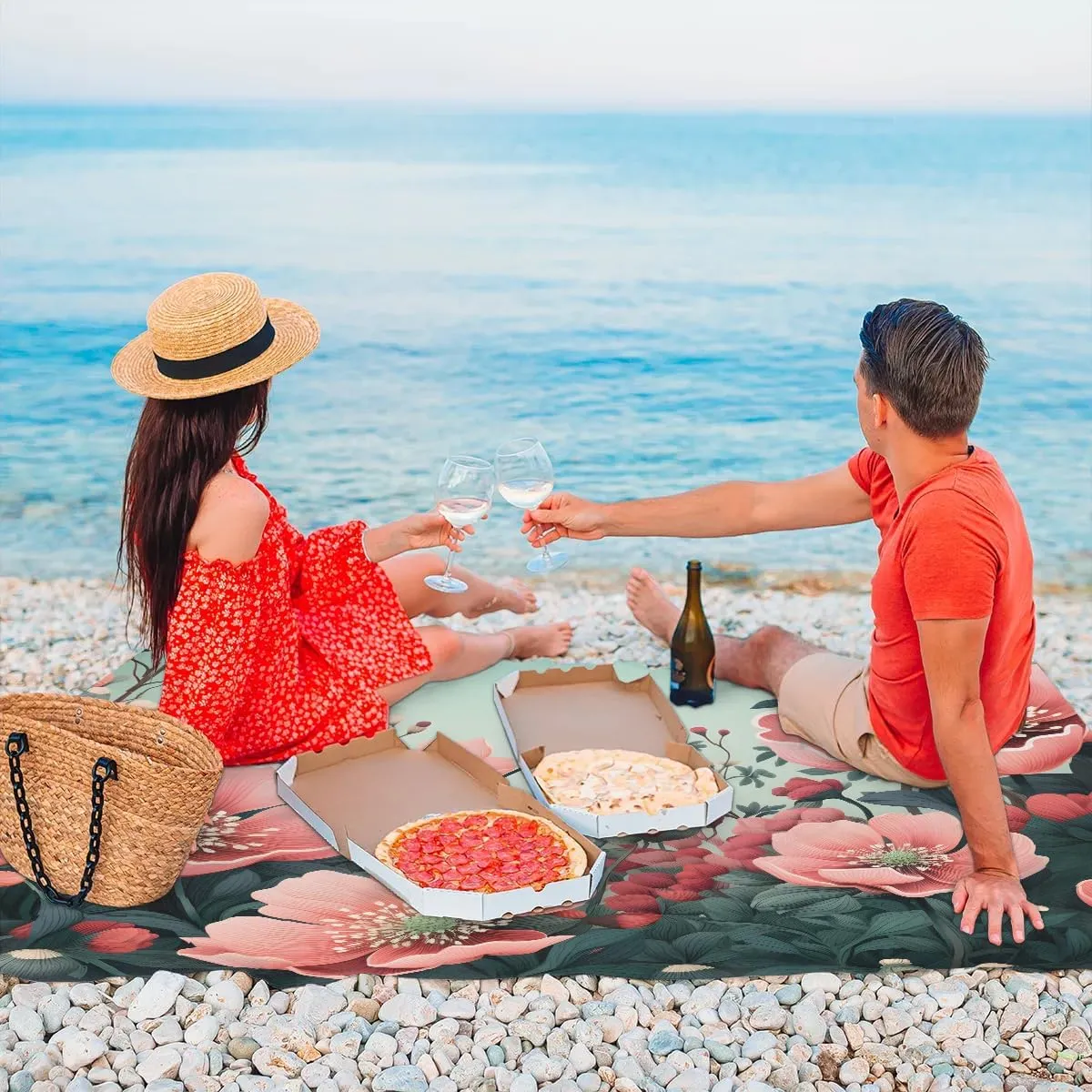 Beach Blanket, Red Poppy Flowers Sandproof Beach Mat, Waterproof Quick Drying Sand Free Mat with 4 x Ground Spikes for Outdoor Travel Camping Hiking, Floral 68 x 59 in