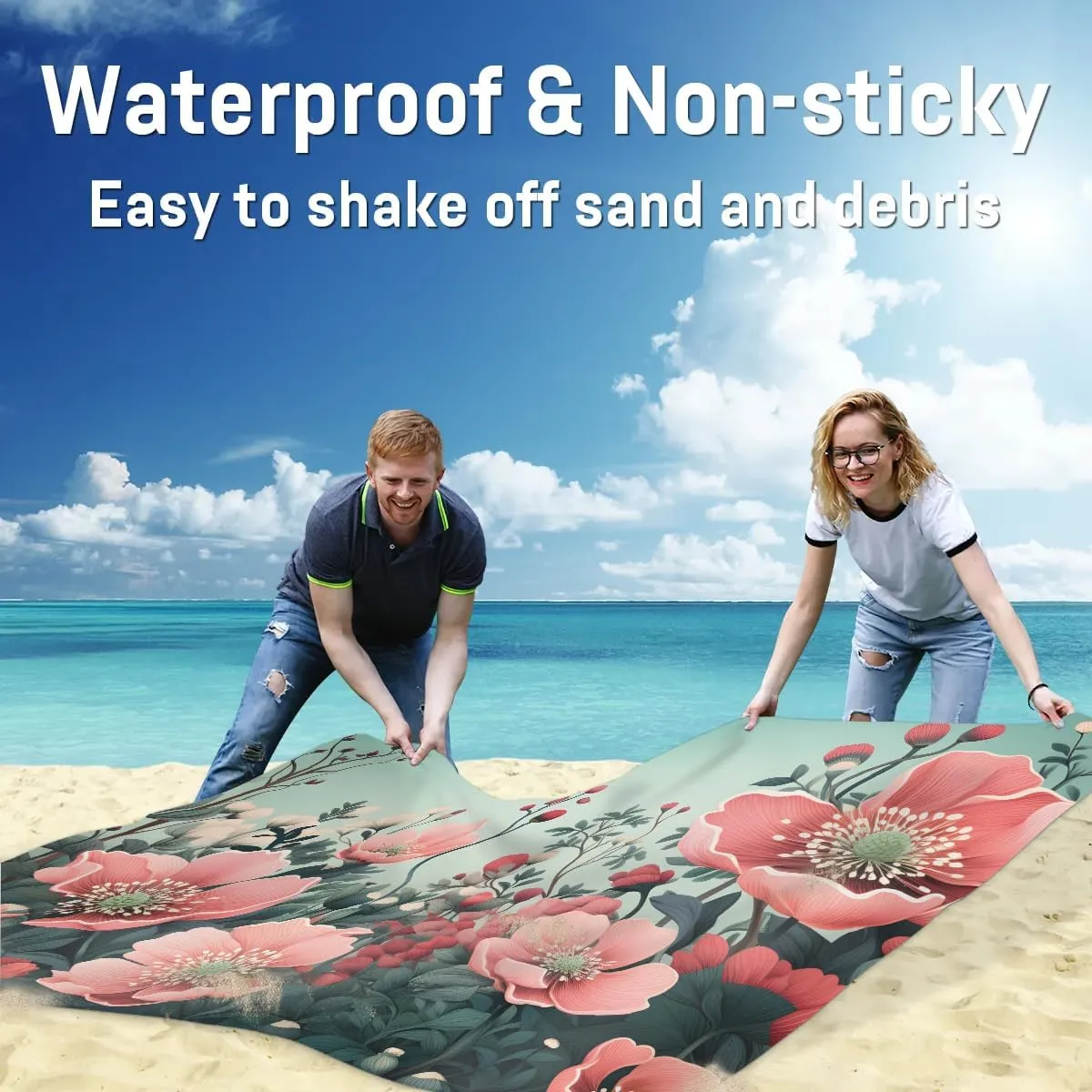 Beach Blanket, Red Poppy Flowers Sandproof Beach Mat, Waterproof Quick Drying Sand Free Mat with 4 x Ground Spikes for Outdoor Travel Camping Hiking, Floral 68 x 59 in