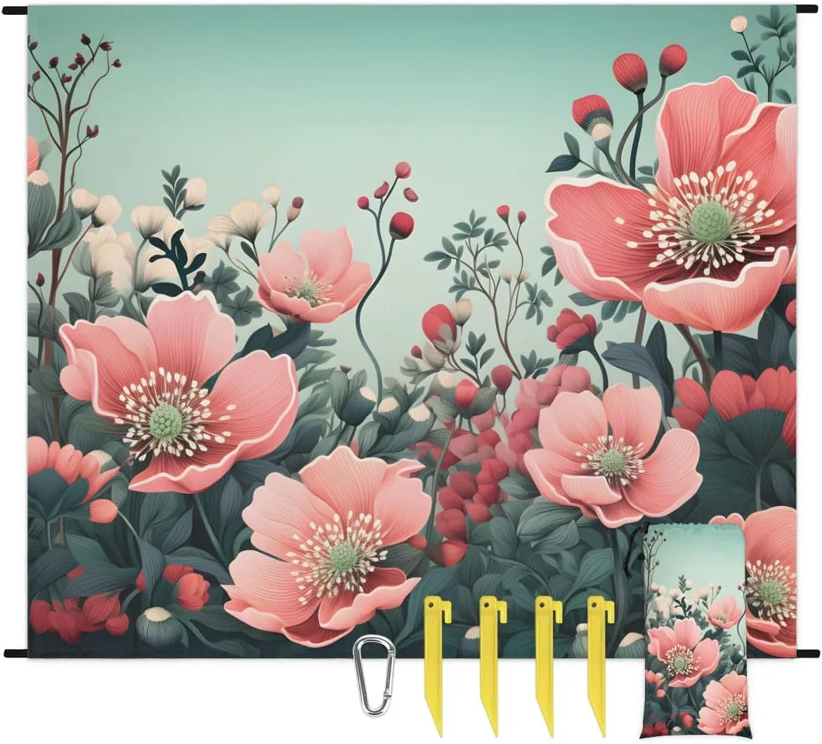 Beach Blanket, Red Poppy Flowers Sandproof Beach Mat, Waterproof Quick Drying Sand Free Mat with 4 x Ground Spikes for Outdoor Travel Camping Hiking, Floral 68 x 59 in