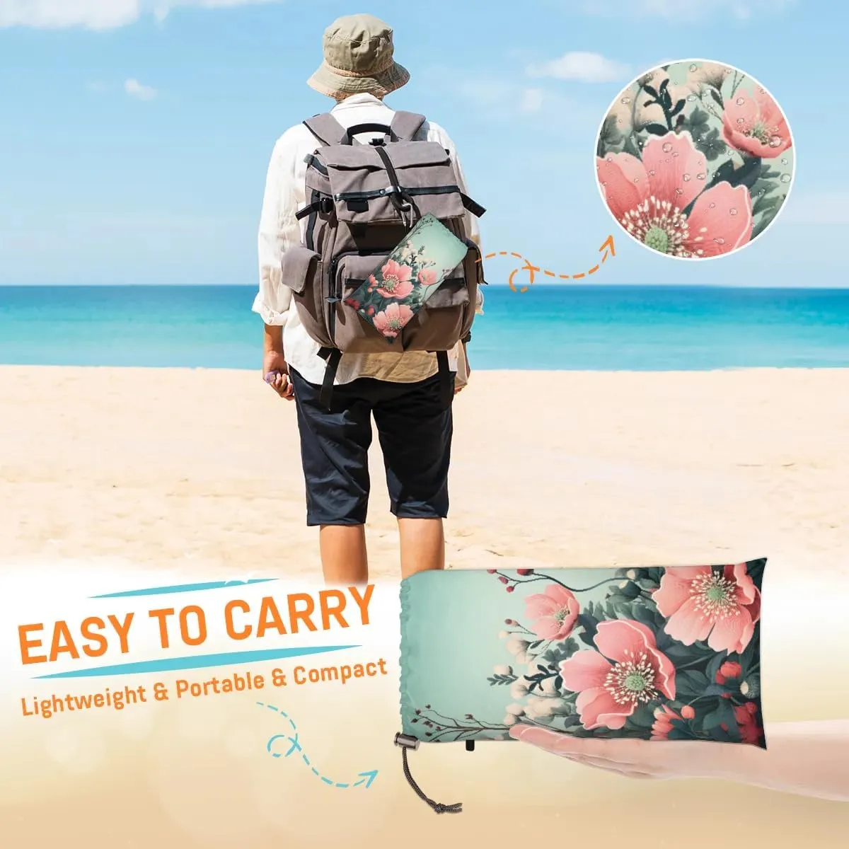 Beach Blanket, Red Poppy Flowers Sandproof Beach Mat, Waterproof Quick Drying Sand Free Mat with 4 x Ground Spikes for Outdoor Travel Camping Hiking, Floral 68 x 59 in
