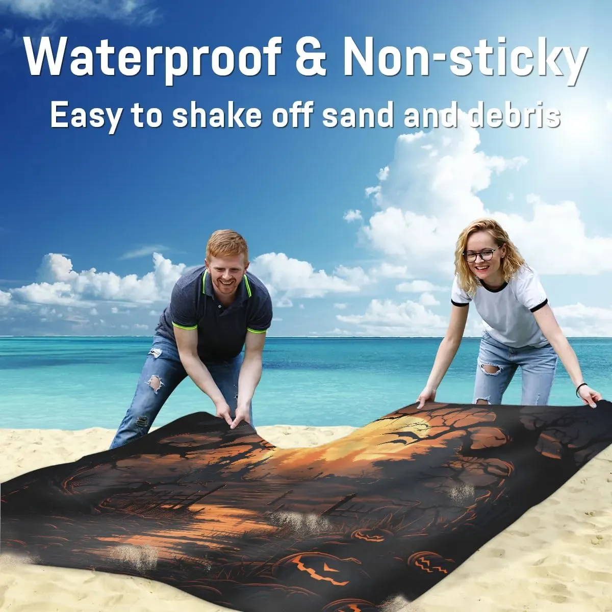 Beach Blanket, Retro Halloween Sandproof Beach Mat, Waterproof Quick Drying Sand Free Mat with 4 x Ground Spikes for Outdoor Travel Camping Hiking, Spooky Haunted House 68 x 59 in