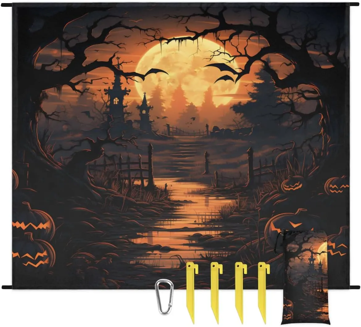 Beach Blanket, Retro Halloween Sandproof Beach Mat, Waterproof Quick Drying Sand Free Mat with 4 x Ground Spikes for Outdoor Travel Camping Hiking, Spooky Haunted House 68 x 59 in