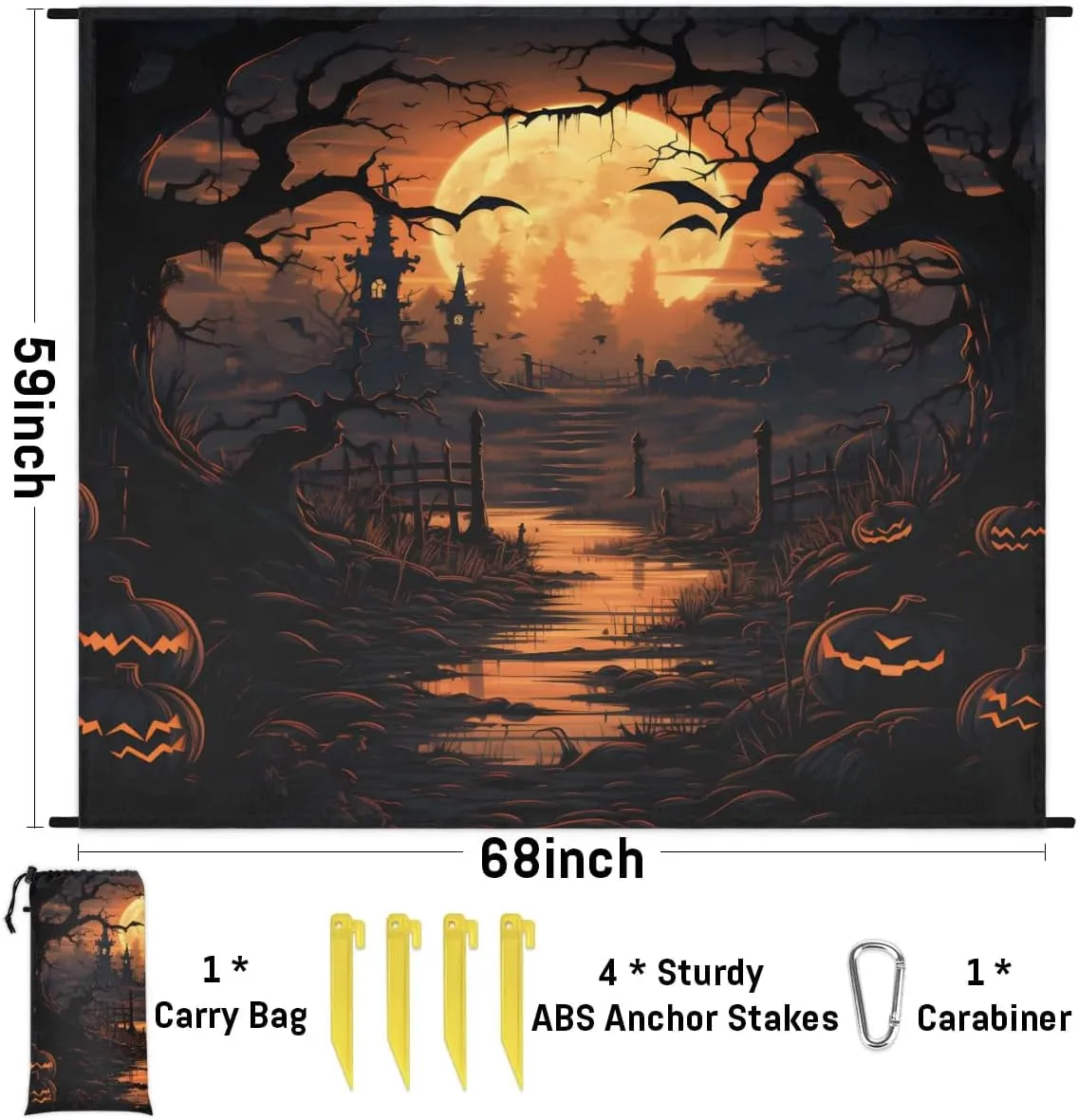 Beach Blanket, Retro Halloween Sandproof Beach Mat, Waterproof Quick Drying Sand Free Mat with 4 x Ground Spikes for Outdoor Travel Camping Hiking, Spooky Haunted House 68 x 59 in