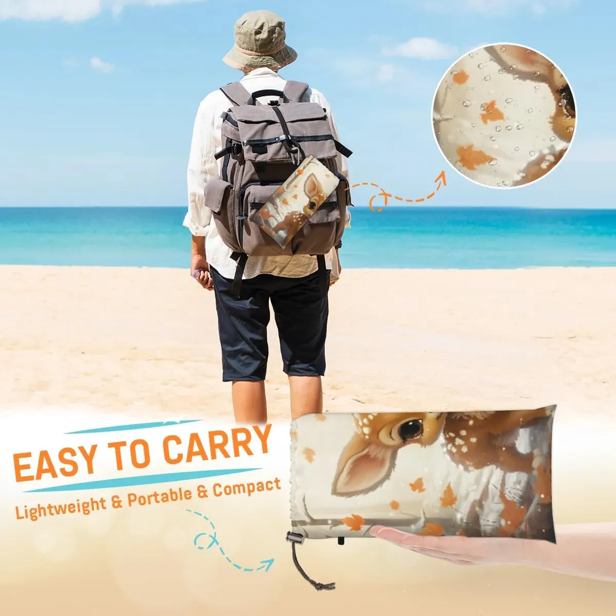 Beach Blanket, Rustic Deer Sandproof Beach Mat, Waterproof Quick Drying Sand Free Mat with 4 x Ground Spikes for Outdoor Travel Camping Hiking, Wild Animals 68 x 59 in