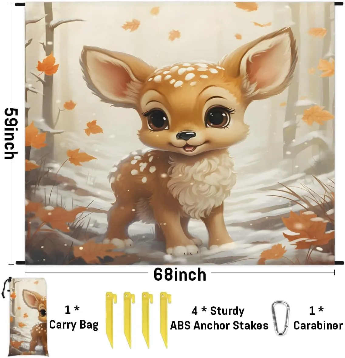 Beach Blanket, Rustic Deer Sandproof Beach Mat, Waterproof Quick Drying Sand Free Mat with 4 x Ground Spikes for Outdoor Travel Camping Hiking, Wild Animals 68 x 59 in