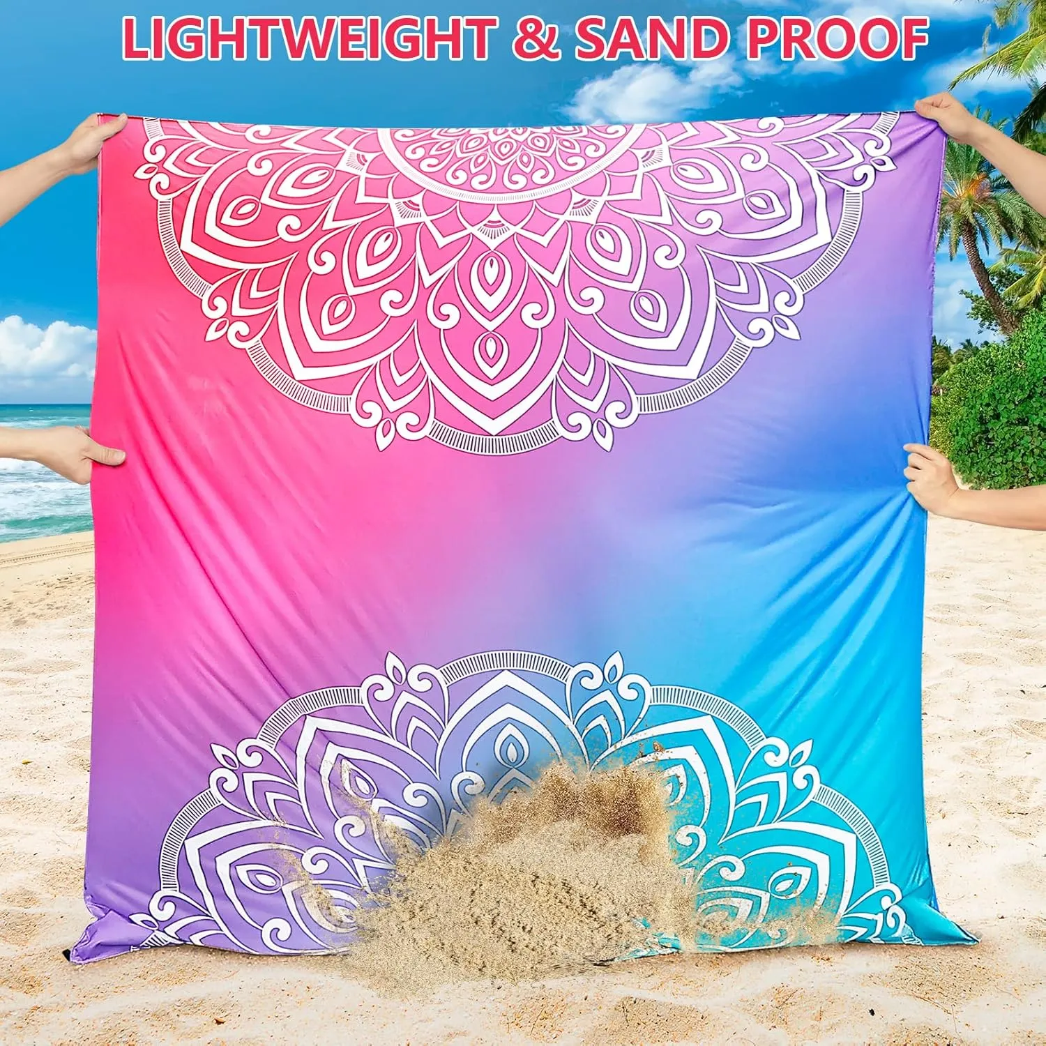 Beach Blanket Sandproof Extra Large Beach Mat Adults Waterproof Quick Drying Sand Free Mat Made by Premium Polyester with 4 Stakes & 4 Corner Pockets for Outdoor Travel Camping Hiking