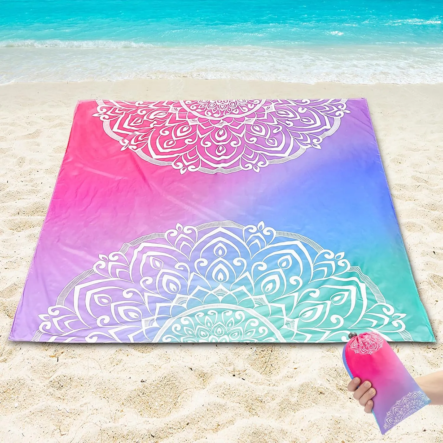 Beach Blanket Sandproof Extra Large Beach Mat Adults Waterproof Quick Drying Sand Free Mat Made by Premium Polyester with 4 Stakes & 4 Corner Pockets for Outdoor Travel Camping Hiking