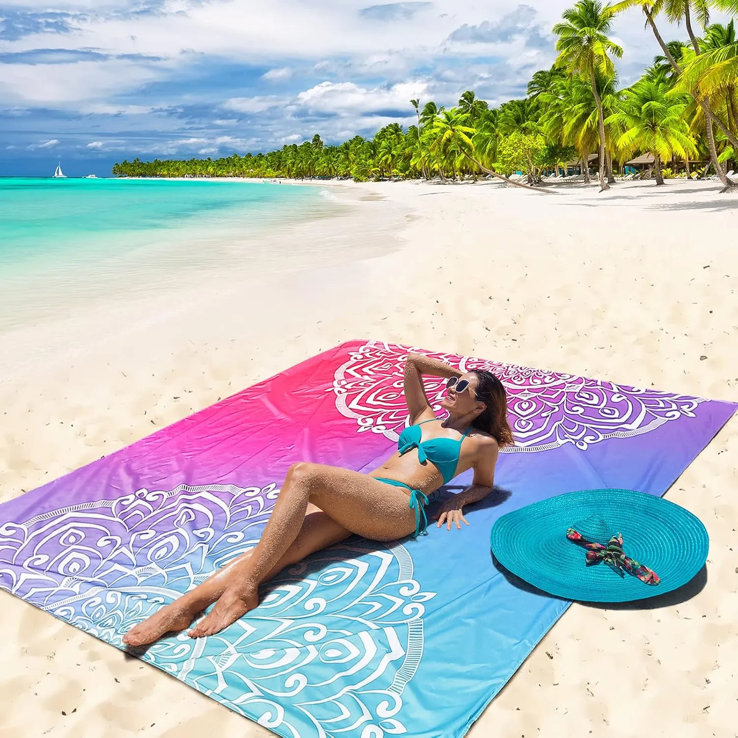 Beach Blanket Sandproof Extra Large Beach Mat Adults Waterproof Quick Drying Sand Free Mat Made by Premium Polyester with 4 Stakes & 4 Corner Pockets for Outdoor Travel Camping Hiking