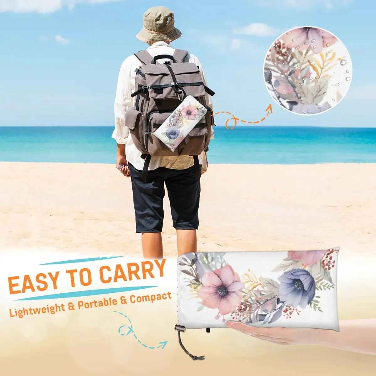 Beach Blanket, Spring Flower Sandproof Beach Mat, Waterproof Quick Drying Sand Free Mat with 4 x Ground Spikes for Outdoor Travel Camping Hiking, Garland Pastel Tones 68 x 59 in