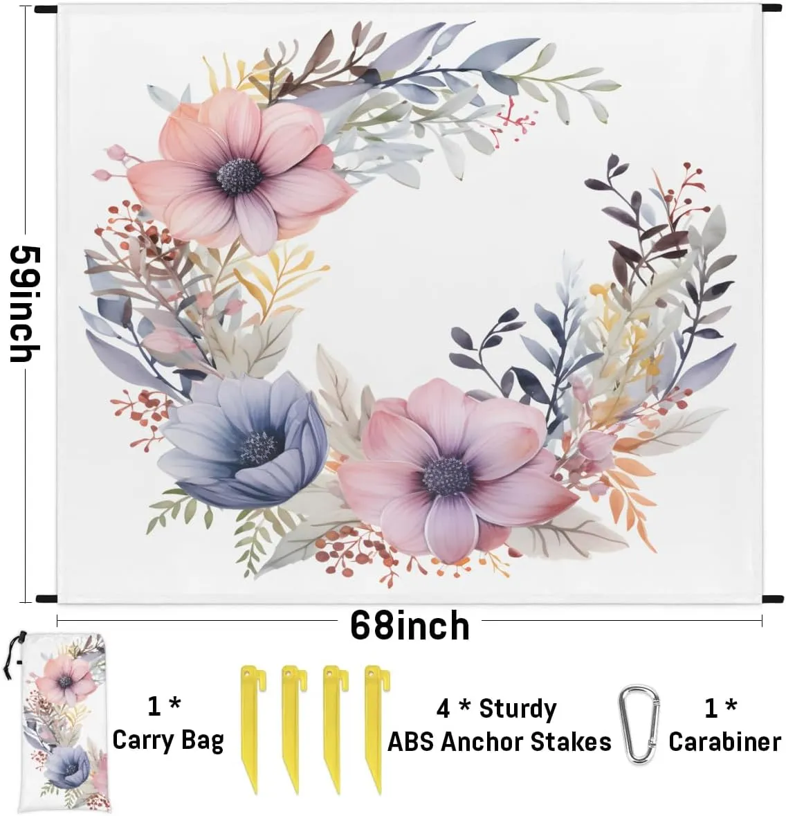 Beach Blanket, Spring Flower Sandproof Beach Mat, Waterproof Quick Drying Sand Free Mat with 4 x Ground Spikes for Outdoor Travel Camping Hiking, Garland Pastel Tones 68 x 59 in